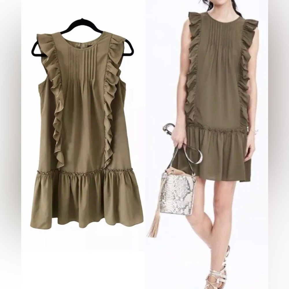 Banana Republic Olive Green BOHO Chic Couture Ruffled Hem Dress Size S